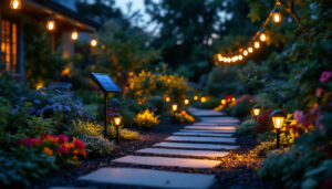 A photograph of a beautifully illuminated outdoor garden scene at dusk