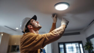 A photograph of a lighting contractor expertly installing recessed led can lights in a modern home setting