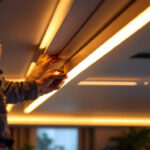 A photograph of a skilled lighting contractor installing led ceiling light strips in a modern interior space