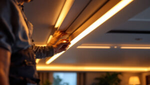 A photograph of a skilled lighting contractor installing led ceiling light strips in a modern interior space