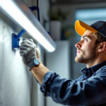 A photograph of a lighting contractor installing or examining a 4-foot led fixture in a commercial or residential setting