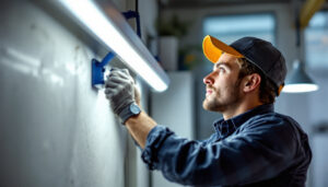A photograph of a lighting contractor installing or examining a 4-foot led fixture in a commercial or residential setting