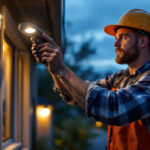 A photograph of a lighting contractor installing an outdoor sensor light in a residential setting during dusk