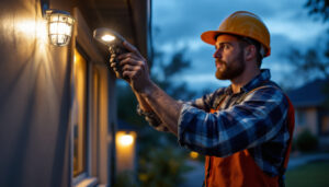 A photograph of a lighting contractor installing an outdoor sensor light in a residential setting during dusk