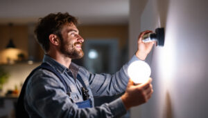 A photograph of a lighting contractor installing bright led light bulbs in a modern home setting