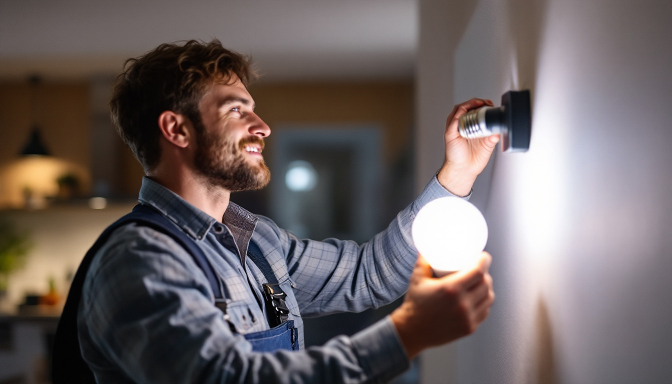 A photograph of a lighting contractor installing bright led light bulbs in a modern home setting