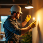 A photograph of a lighting contractor actively installing or adjusting innovative lighting solutions in a modern residential or commercial space
