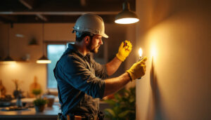 A photograph of a lighting contractor actively installing or adjusting innovative lighting solutions in a modern residential or commercial space