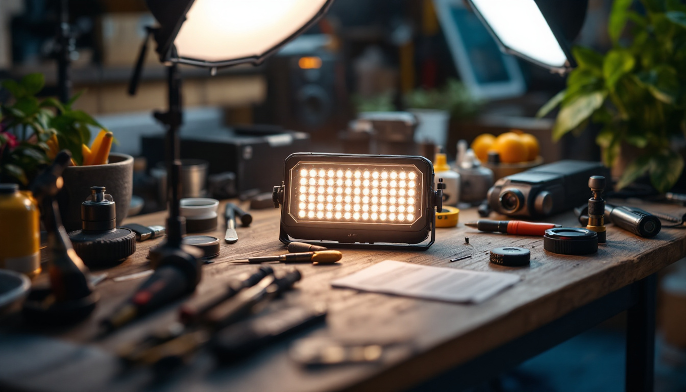 A photograph of a well-organized workspace featuring an led conversion kit alongside essential tools and equipment