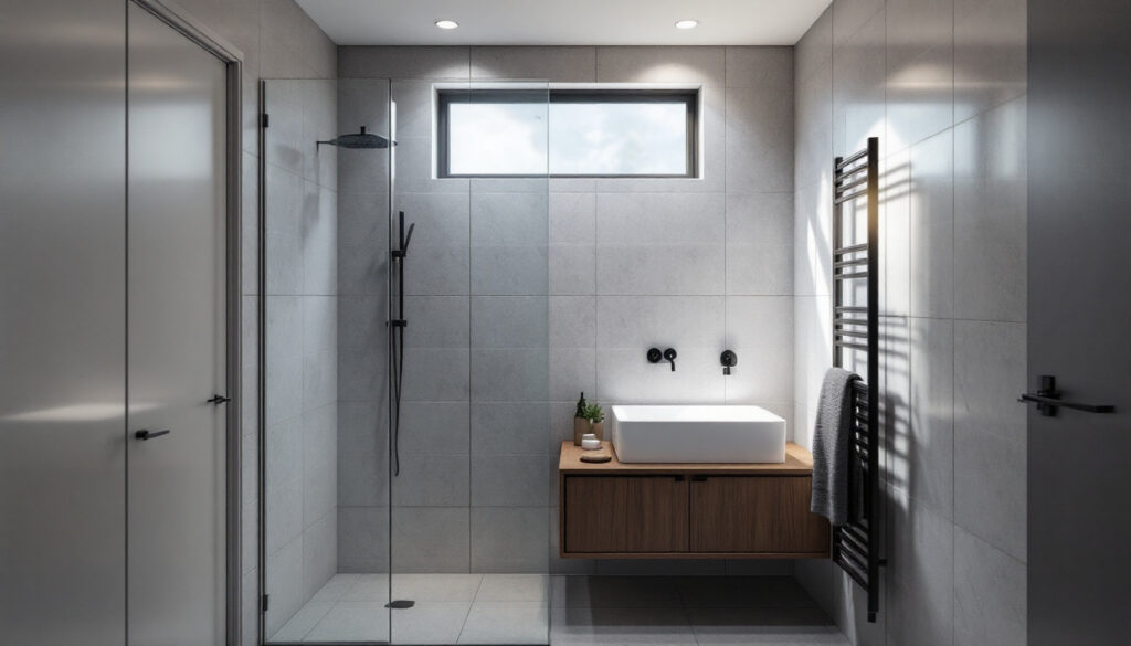 A photograph of a beautifully designed bathroom featuring a 6-inch recessed light installed above a shower area