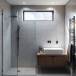 A photograph of a beautifully designed bathroom featuring a 6-inch recessed light installed above a shower area
