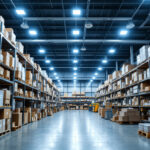 A photograph of a well-lit warehouse interior showcasing modern led lighting installations
