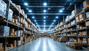 A photograph of a well-lit warehouse interior showcasing modern led lighting installations