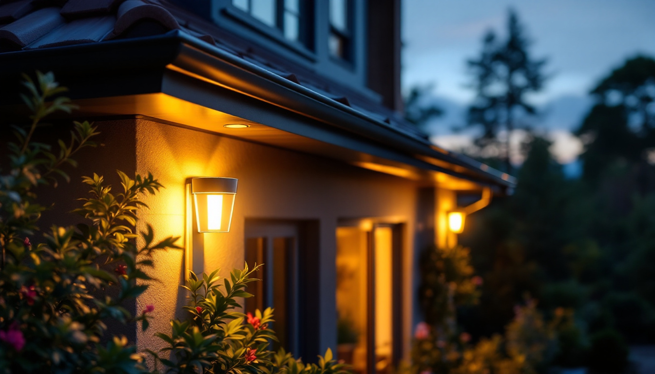 A photograph of a beautifully designed solar gutter lamp installed on a stylish home exterior