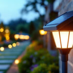 A photograph of a solar led lamp installed in a well-lit outdoor setting