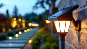 A photograph of a solar led lamp installed in a well-lit outdoor setting