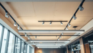 A photograph of a well-lit drop ceiling installation in a commercial space