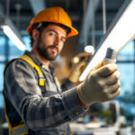 A photograph of a lighting contractor expertly installing t5 led light bulbs in a modern workspace