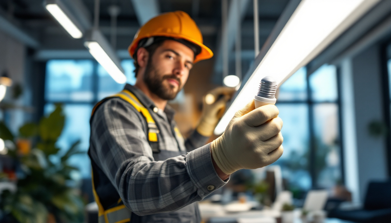 A photograph of a lighting contractor expertly installing t5 led light bulbs in a modern workspace