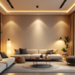 A photograph of a well-lit interior space showcasing various styles of led recessed lights installed in a modern home setting