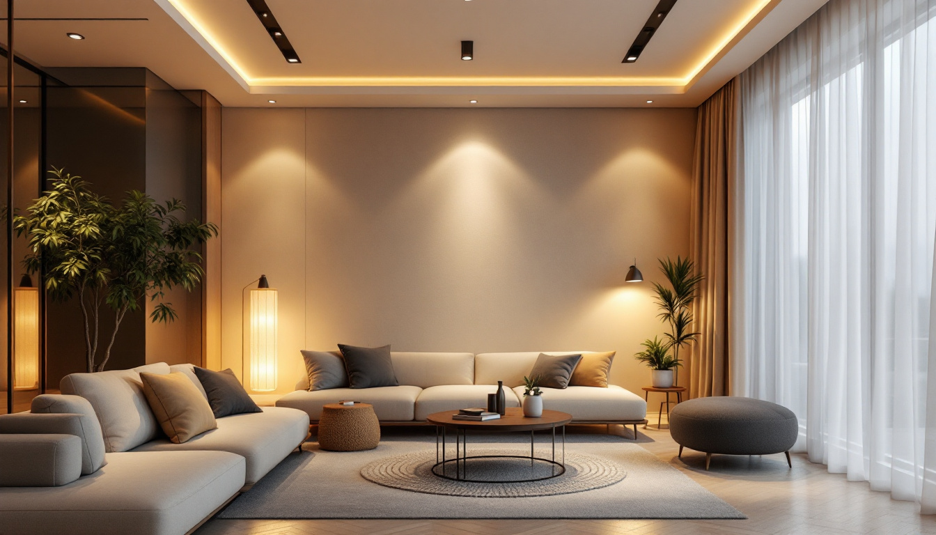 A photograph of a well-lit interior space showcasing various styles of led recessed lights installed in a modern home setting