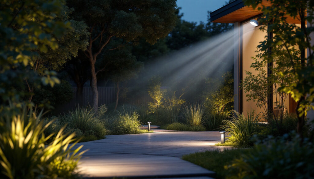 A photograph of a well-lit outdoor space showcasing solar-powered flood lights in action during twilight