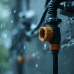 A photograph of a close-up of a waterproof wire connector being installed by a lighting contractor in a rainy outdoor setting
