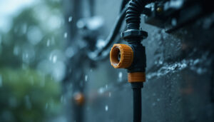 A photograph of a close-up of a waterproof wire connector being installed by a lighting contractor in a rainy outdoor setting