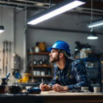 A photograph of a well-lit workshop or garage featuring four-foot led shop lights in use