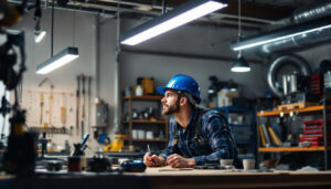 A photograph of a well-lit workshop or garage featuring four-foot led shop lights in use