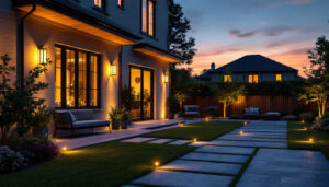 A photograph of a beautifully illuminated outdoor space at dusk