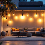 A photograph of a beautifully illuminated outdoor space featuring a variety of stylish light fixtures