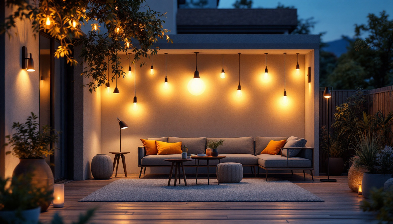 A photograph of a beautifully illuminated outdoor space featuring a variety of stylish light fixtures