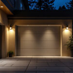 A photograph of a well-lit outdoor garage space featuring various stylish and functional light fixtures