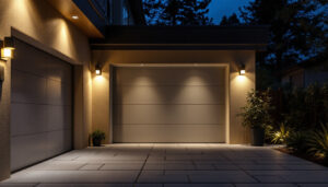 A photograph of a well-lit outdoor garage space featuring various stylish and functional light fixtures