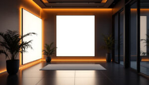 A photograph of a modern interior space illuminated by sleek led panel lights