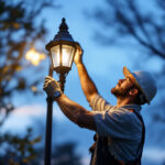 A photograph of a skilled lighting contractor installing or adjusting a stylish lamppost light in an outdoor setting