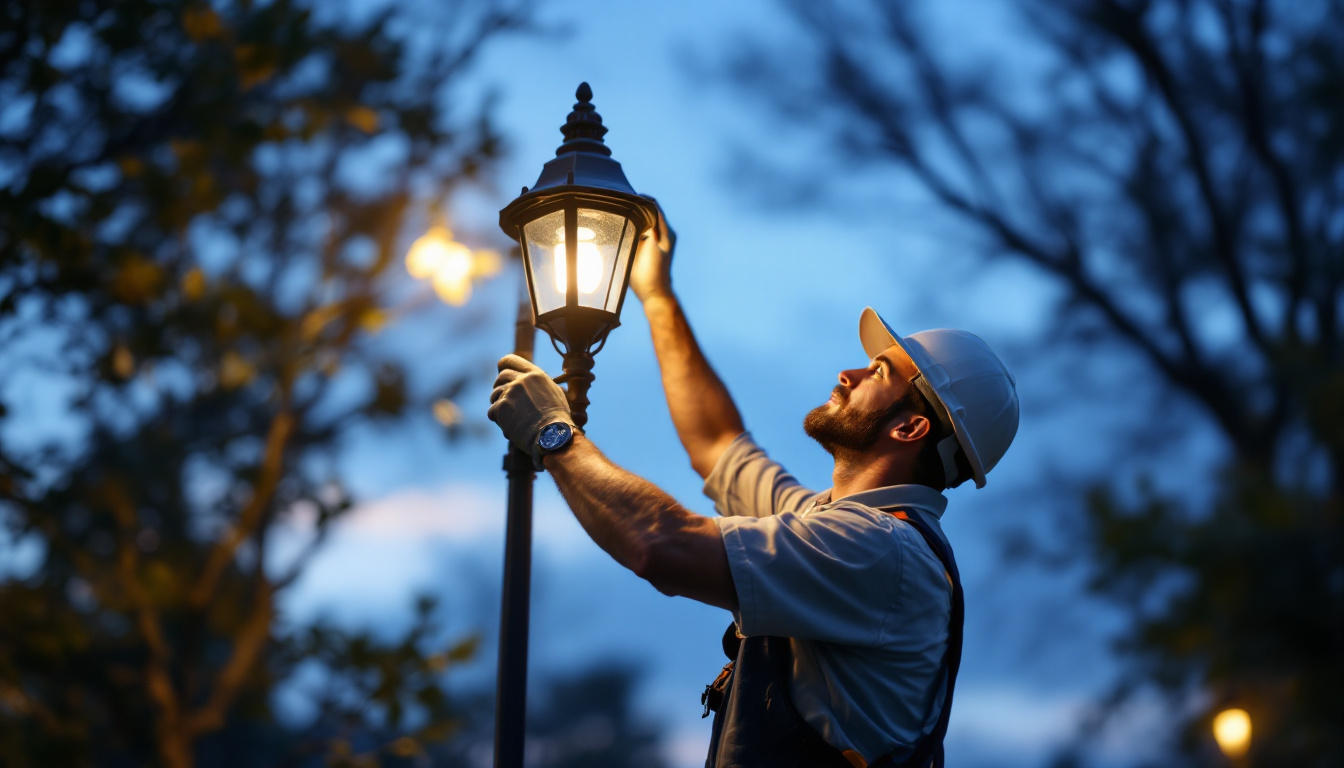 A photograph of a skilled lighting contractor installing or adjusting a stylish lamppost light in an outdoor setting