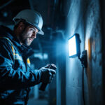 A photograph of a skilled lighting contractor working in a dimly lit environment