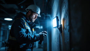 A photograph of a skilled lighting contractor working in a dimly lit environment