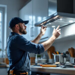 A photograph of a lighting contractor expertly installing a sleek