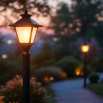A photograph of a beautifully illuminated solar lamp post in a charming outdoor setting