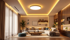 A photograph of a well-lit modern interior showcasing stylish led recessed ceiling lights in various settings