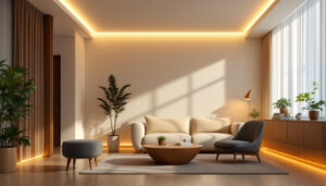A photograph of a beautifully designed room featuring modern led flush ceiling lights