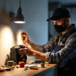 A photograph of a skilled lighting contractor in action