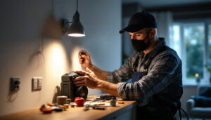 A photograph of a skilled lighting contractor in action