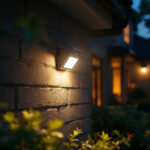 A photograph of capture a photograph of a well-lit exterior space featuring led motion detector lights in action