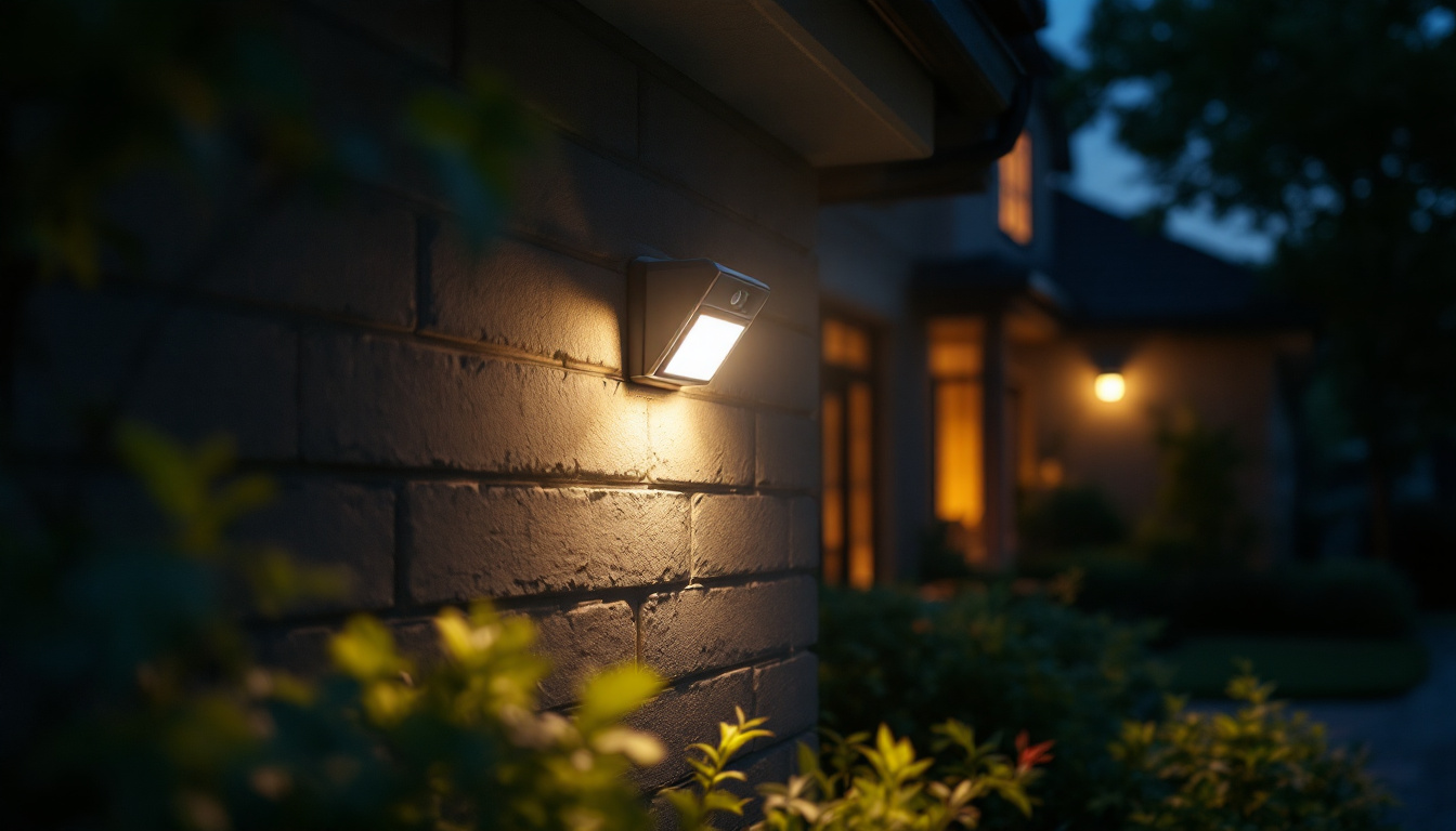 A photograph of capture a photograph of a well-lit exterior space featuring led motion detector lights in action