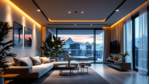 A photograph of a beautifully designed interior space featuring various types of recessed lighting
