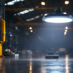 A photograph of a well-lit industrial space showcasing a ufo high bay light in action